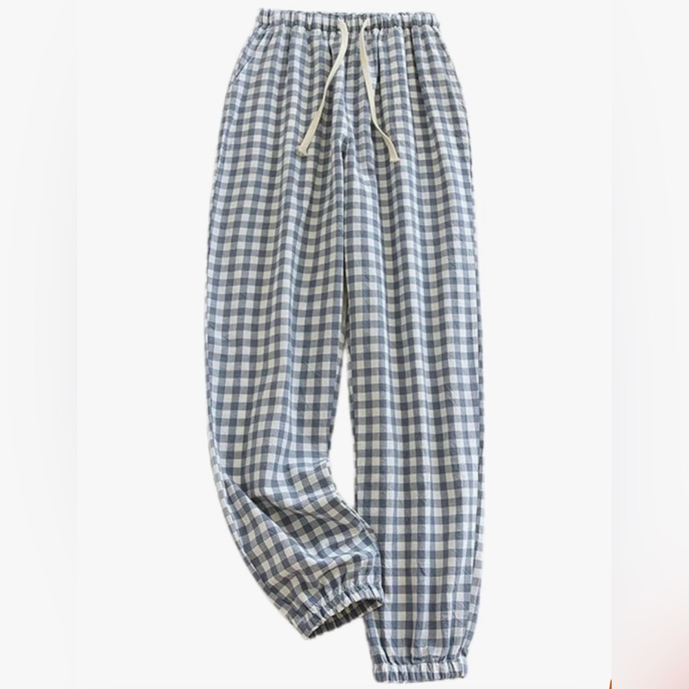 Checkered Pants Cotton Loose Pajamas Bottoms with Drawstring Casual Lounging